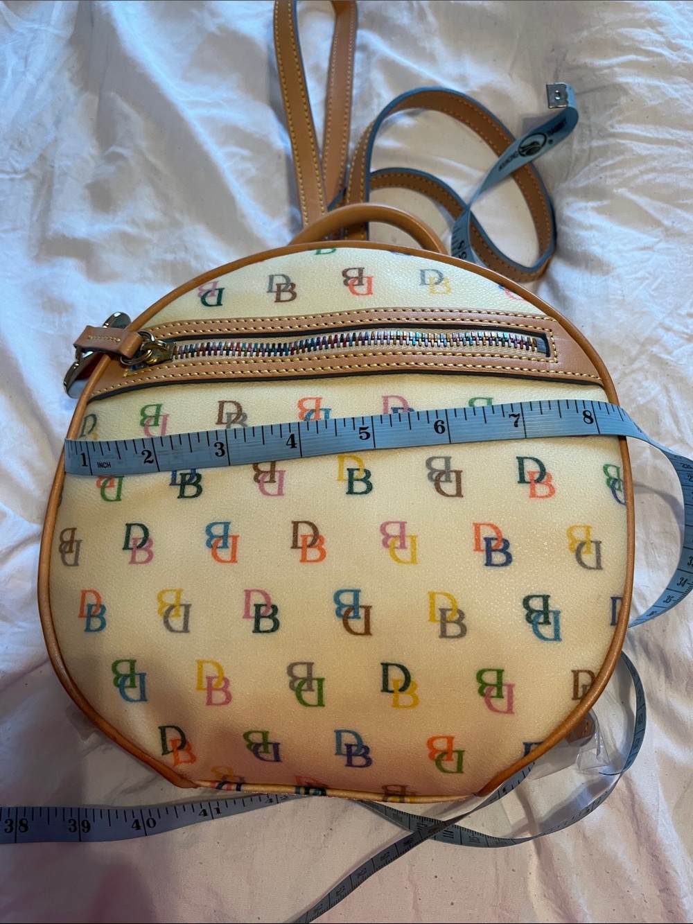 NWT Dooney & Bourke Cream Multicolor Logo Coated Canvas Backpack with Tan Trim - Picture 9 of 14